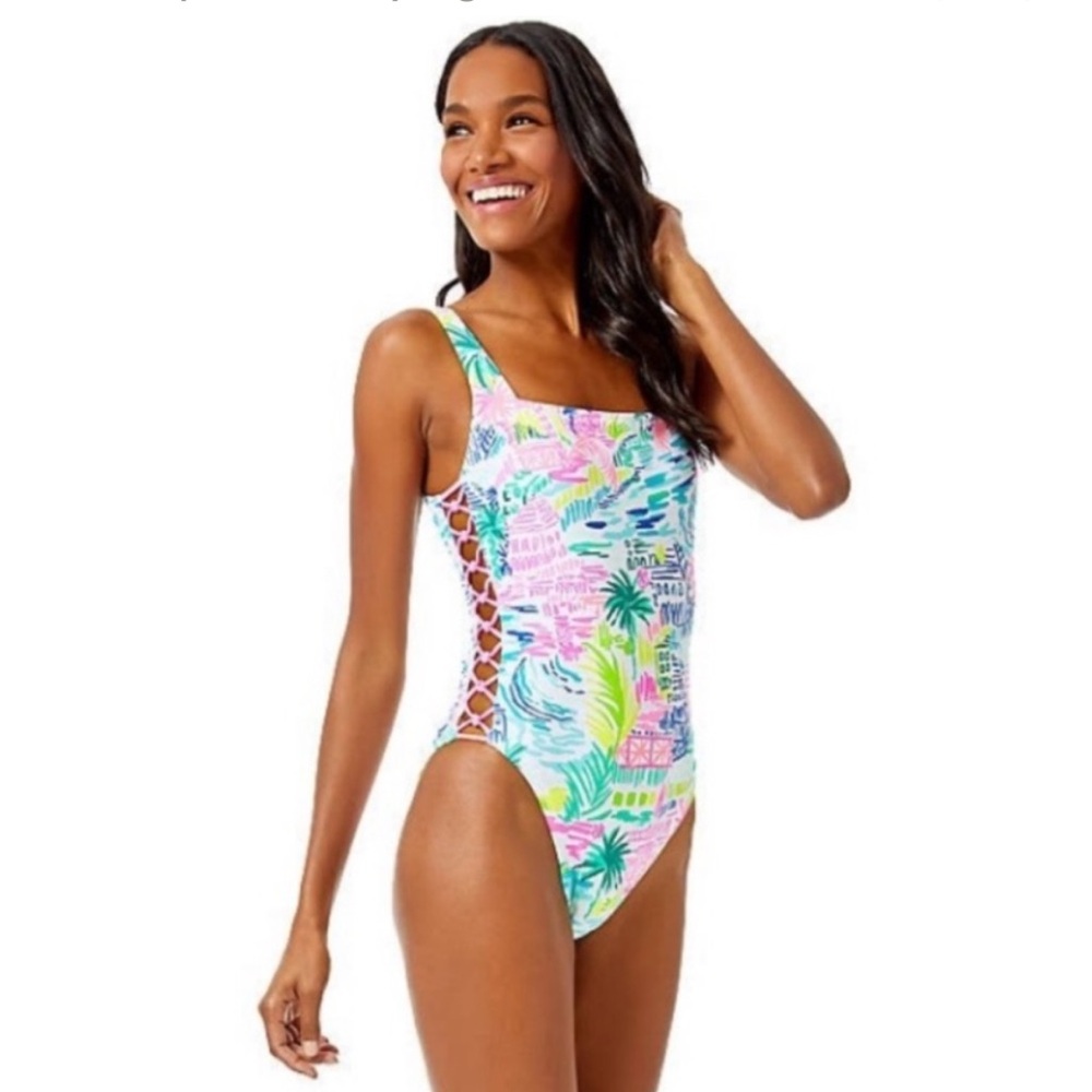 LILLY PULITZER multi Private Island square neck Morri one-piece swimsuit 10